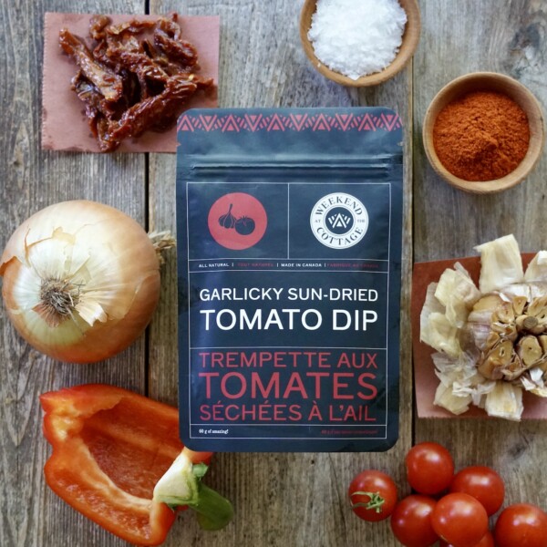 A pouch of GARLICKY SUN-DRIED TOMATO DIP.
