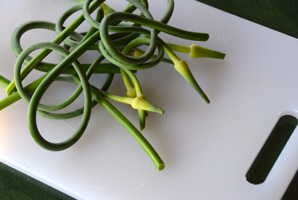Garlic scapes ready to be chopped and then tossed into the frittata