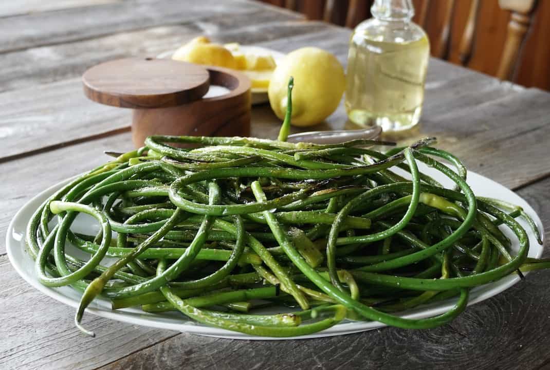Grilled Garlic Scapes presented