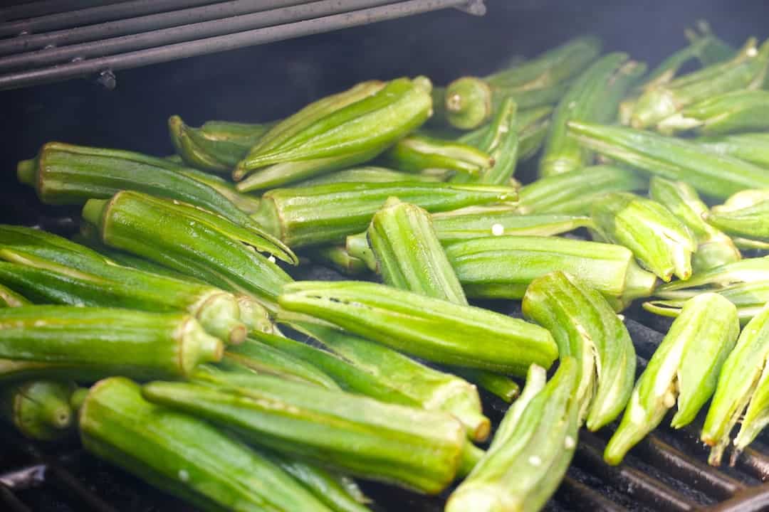Okra placed out onto the grill