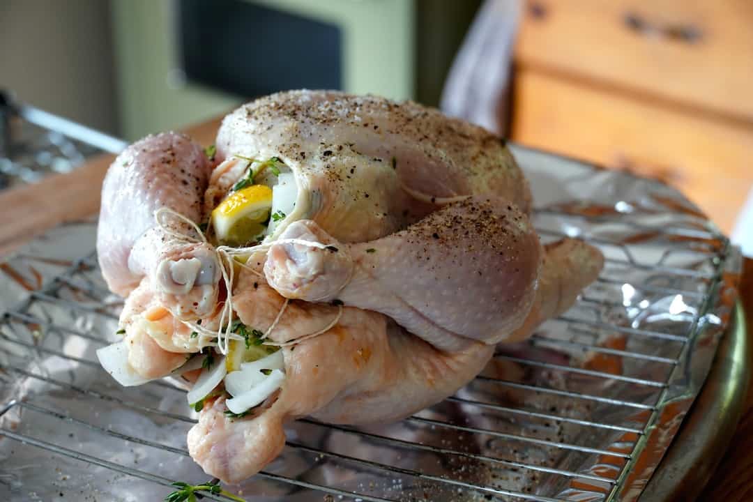 The whole chicken trussed