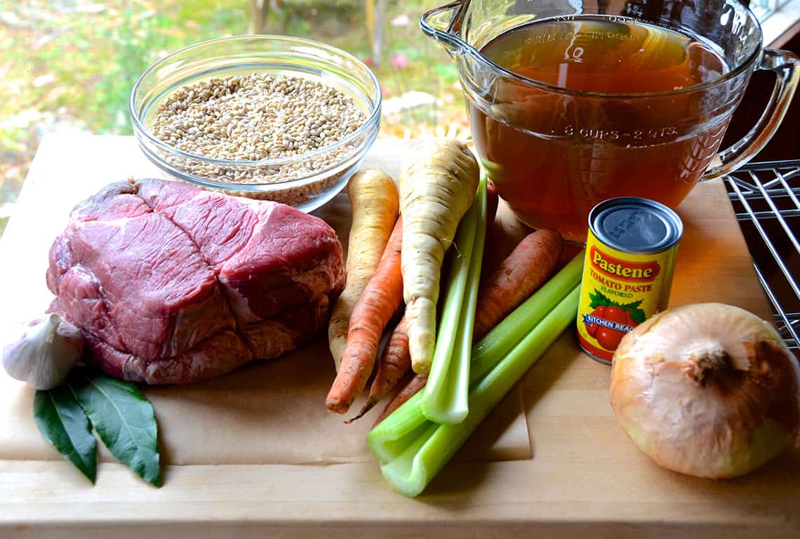 Ingredients for slow cooker beef and barley soup