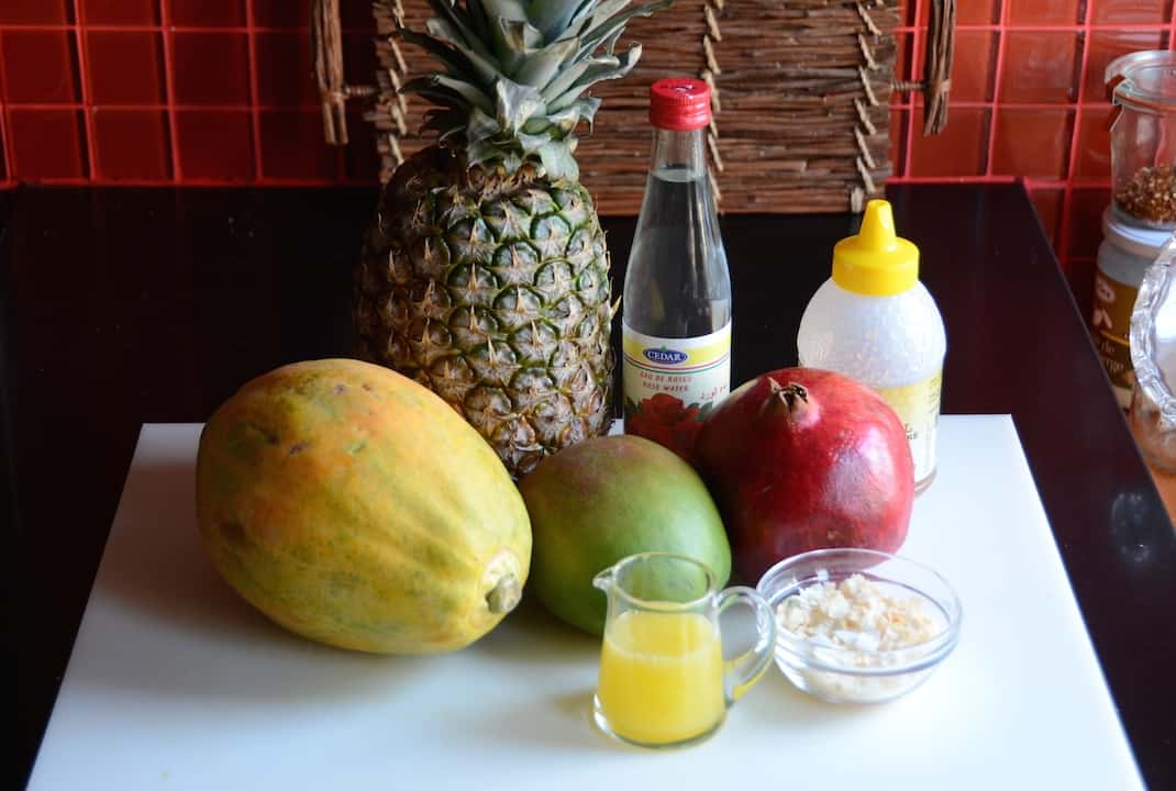 Pineapple, papaya, mango and pomegranate.
