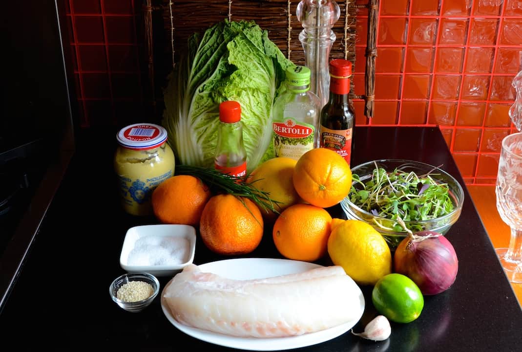 Ingredients for baked cod with citrus salad