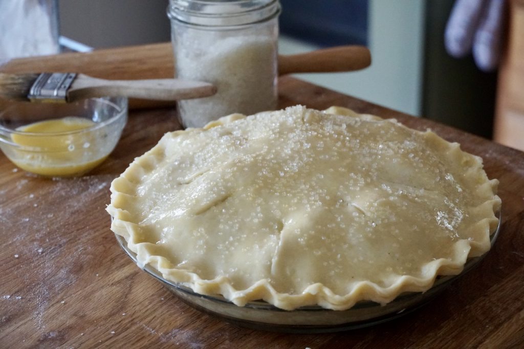 Rhubarb pie topped with a sprinkle of sanding sugar