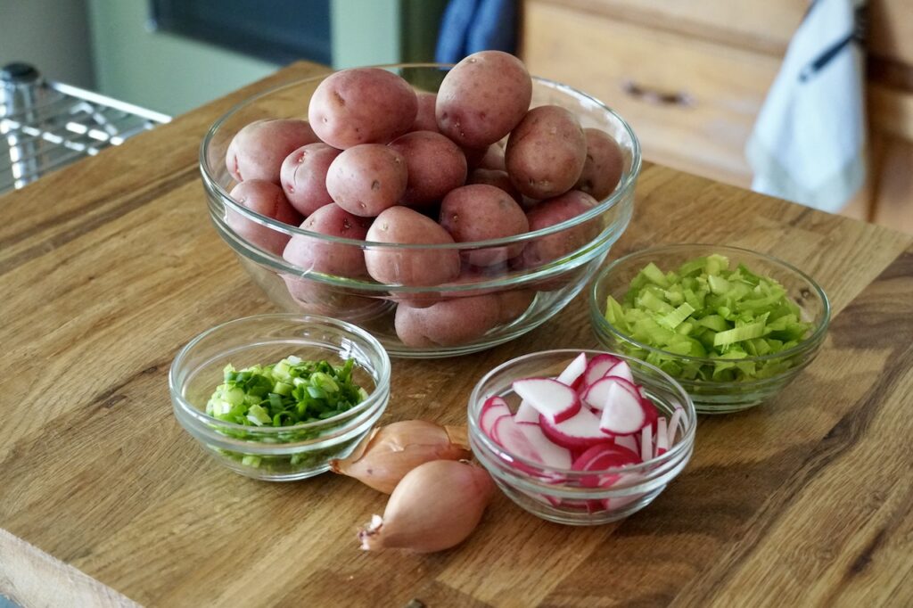 A bowl of mini red potatoes plus celery, radishes, green onions and shallots.