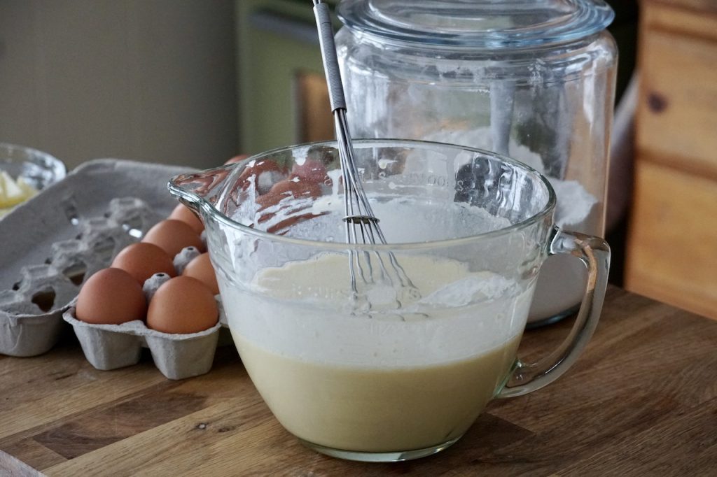 The pancake batter, made with buttermilk