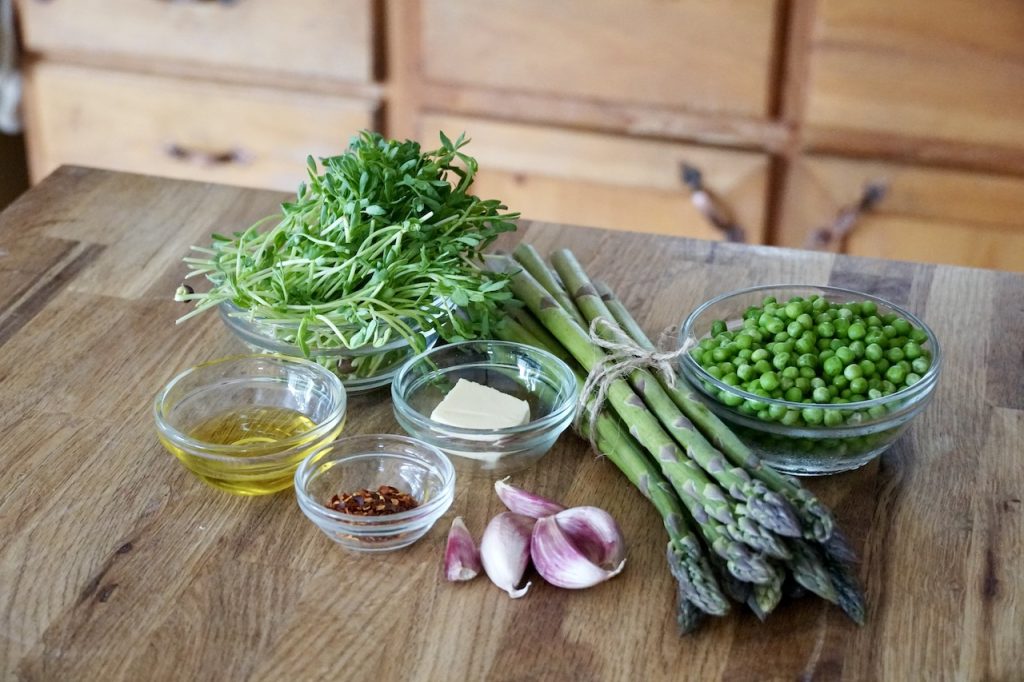 Vegetables for a primavera pasta include peas and pea shoots.