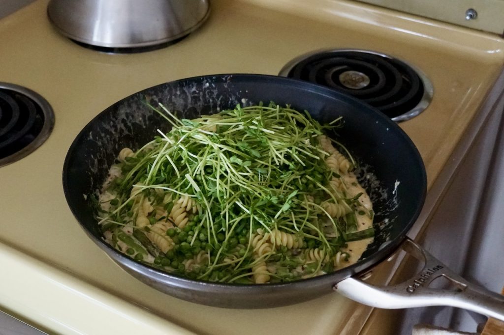 All of the ingredients for the pasta dish assembled i a large skillet.