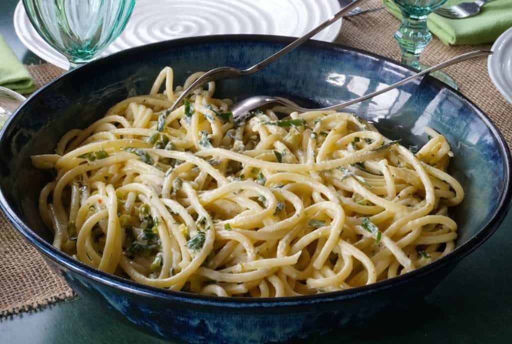Bucatini with Lemon Pesto Sauce served from the skillet