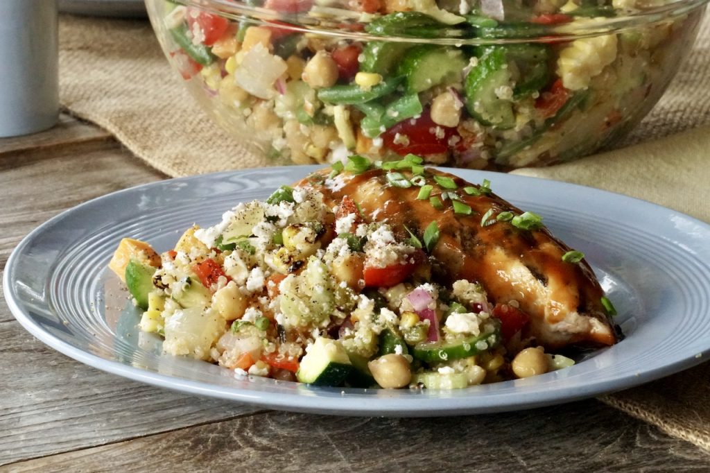 Healthy cottage salad recipe served with grilled chicken