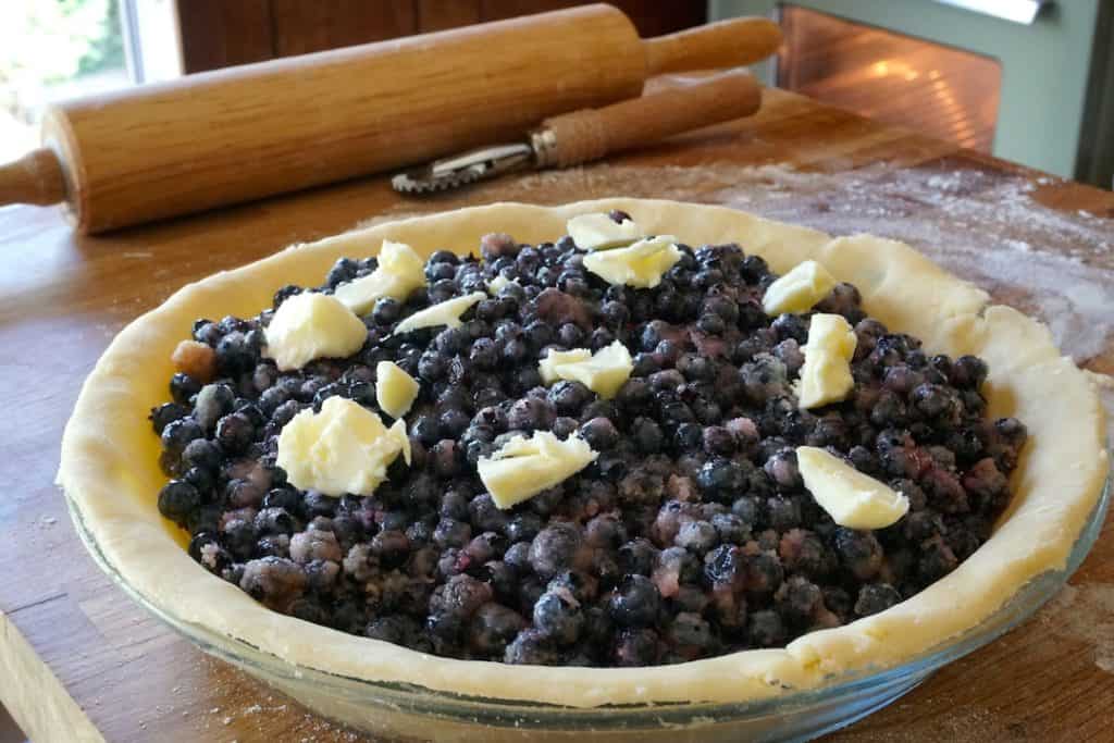 Pie shell filled with sugared wild blueberries