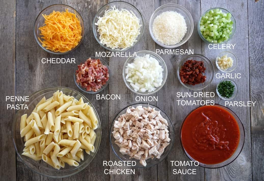 Ingredients for the Tomato Chicken Pasta Bake