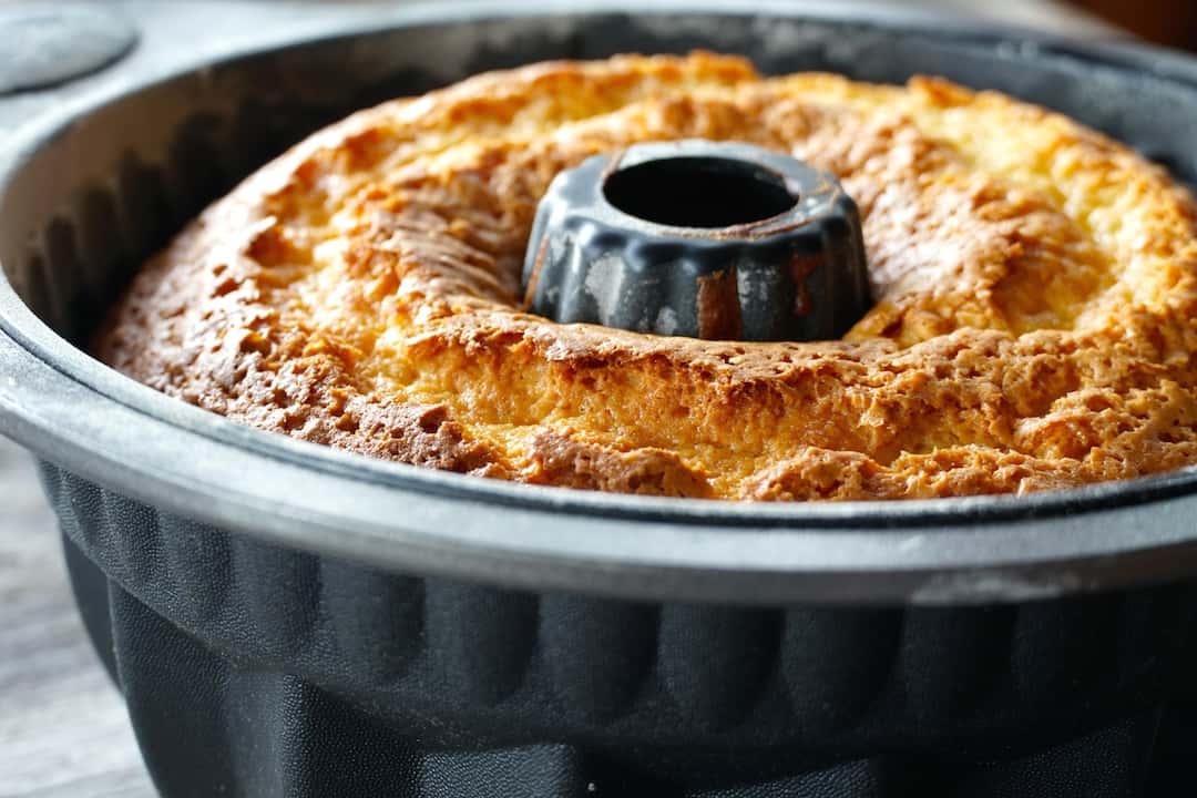 The cake still in the bundt pan, fresh out of the oven