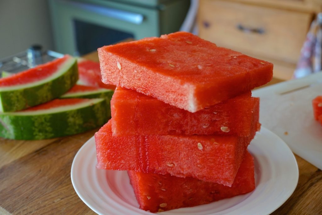 Seedless watermelon cut into thick squares