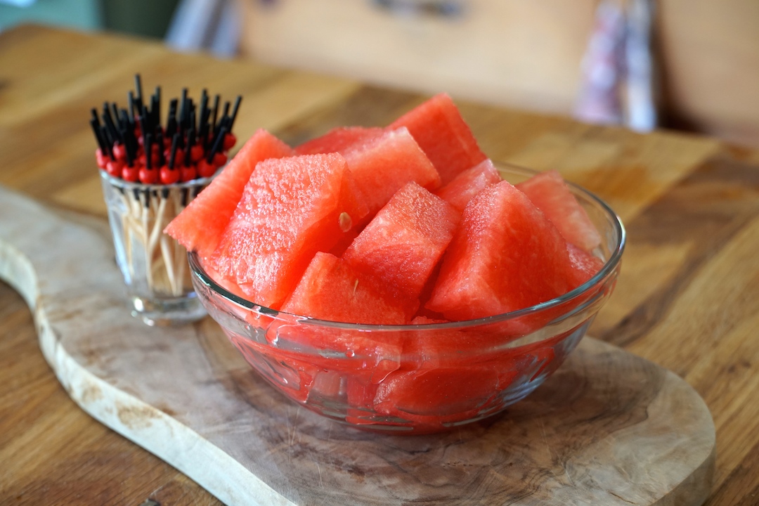 Leftover pieces of watermelon cut up as snacks