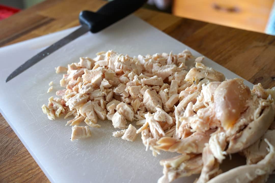 Roasted chicken chopped up for the salad