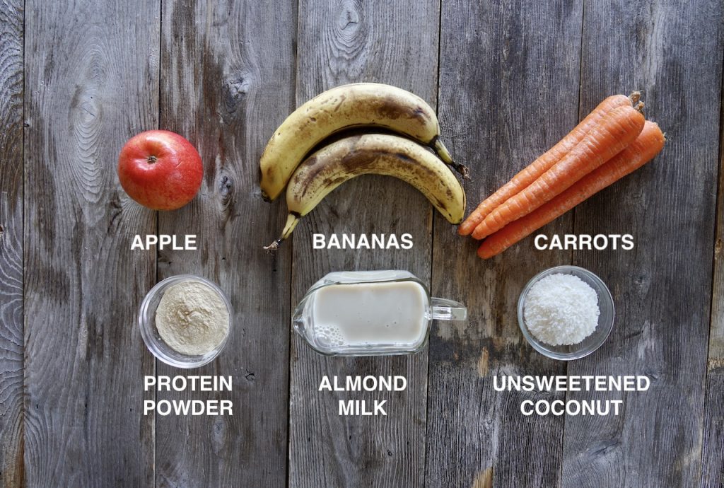 Ingredients for apple, banana, carrot smoothie