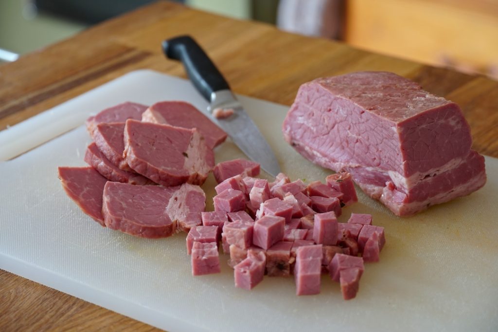 Leftover corned beef cubed for the hash recipe