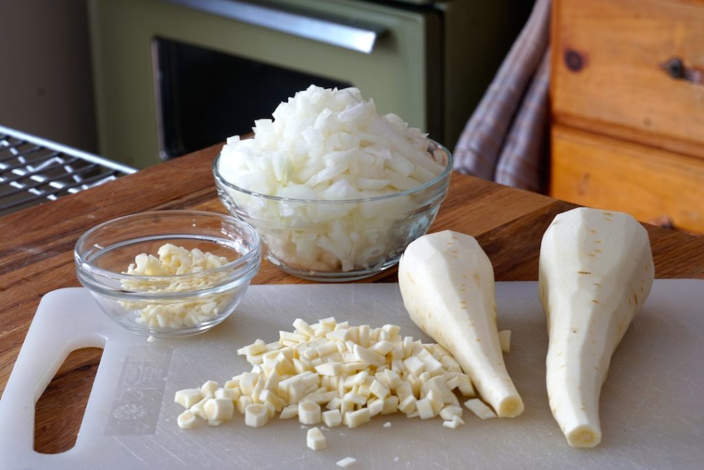 Vidalia onion, garlic and diced parsnips