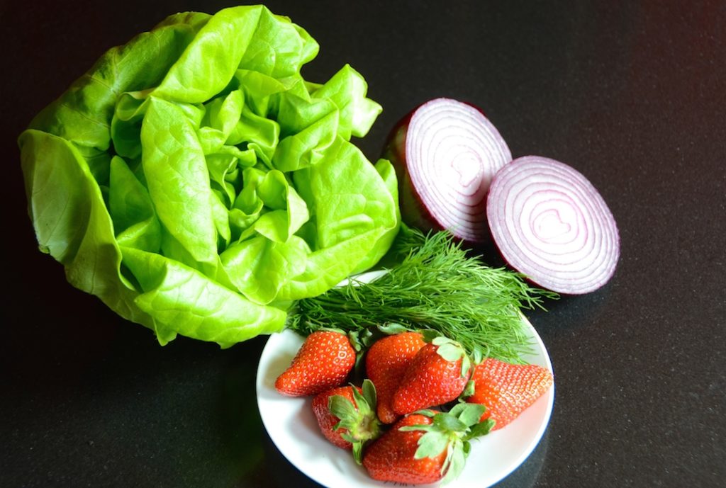 Boston lettuce, red onion, strawberries and fresh dill