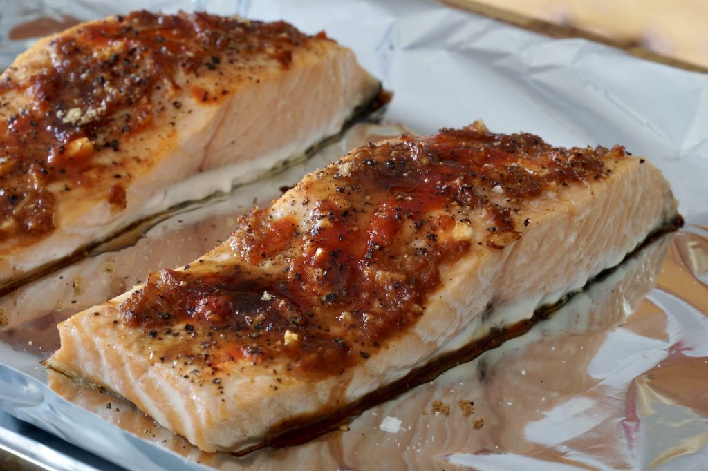 The fillet of salmon after being baked