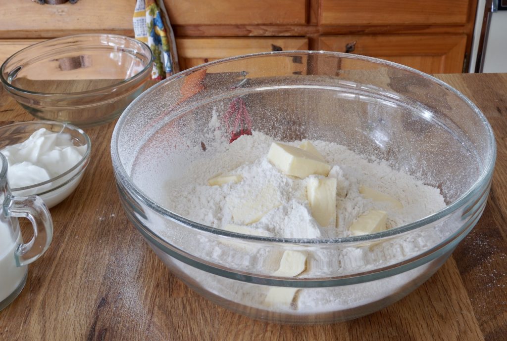 The butter tossed in with the dry ingredients