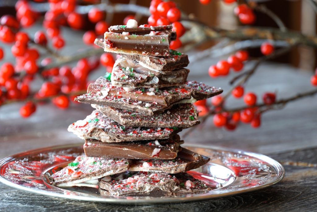 Triple Chocolate Peppermint Bark presented on a fancy silver plate