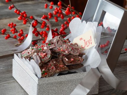 Triple Chocolate Peppermint Bark packaged as a gift