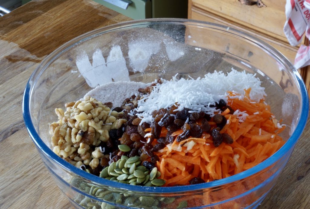 Everything placed in a large bowl, ready for the wet ingredients