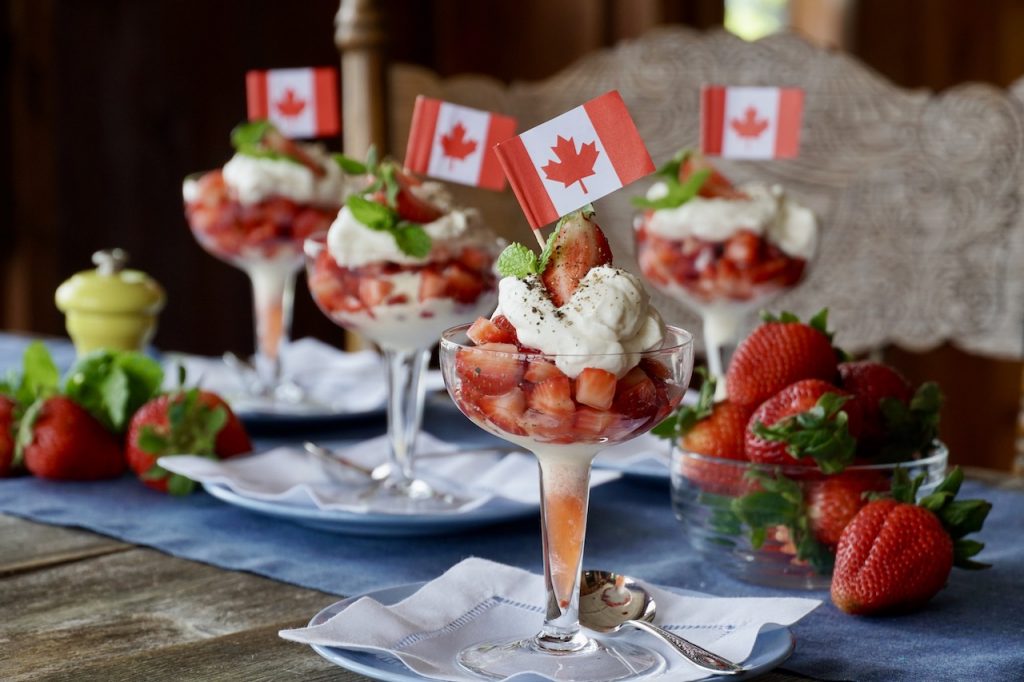Strawberry Romanoff Sundaes dressed up for Canada Day