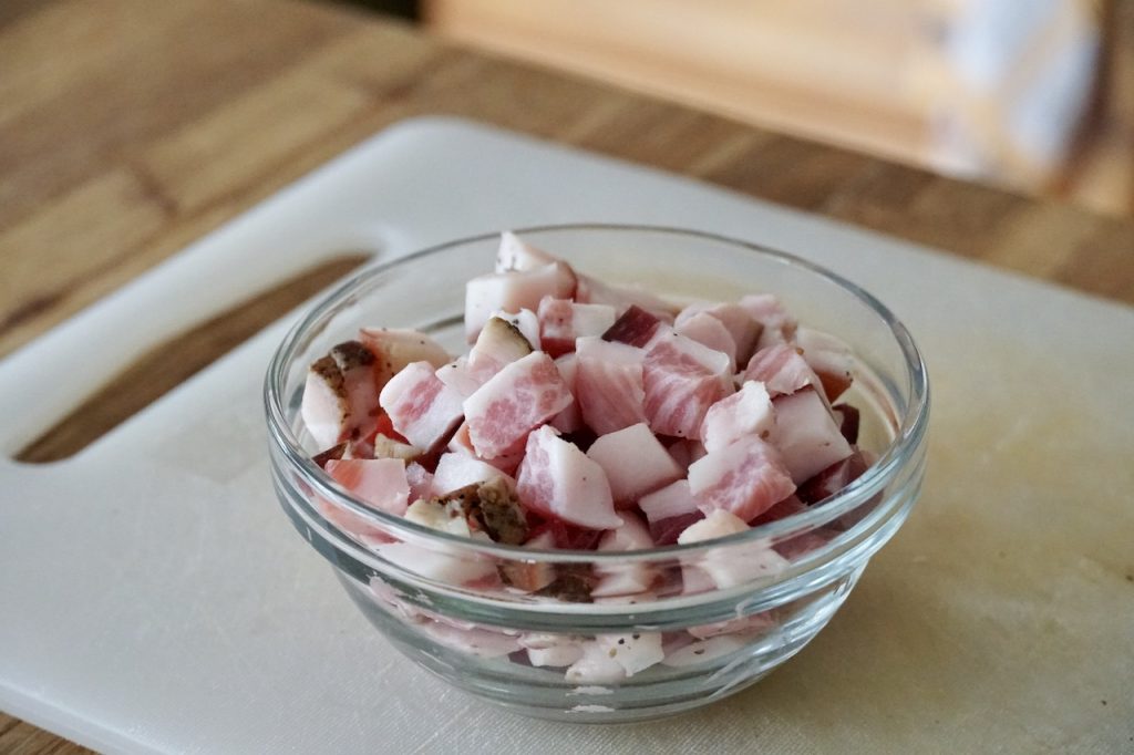 The guanciale chopped into cubes