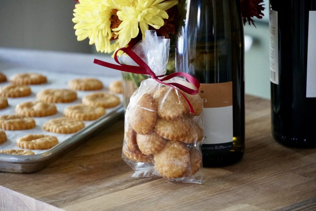 The cheese shortbread cookies packaged up as a gift