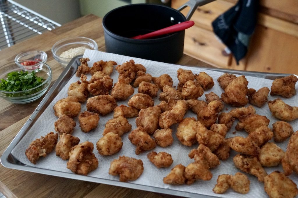 The pieces of chicken crispy fried