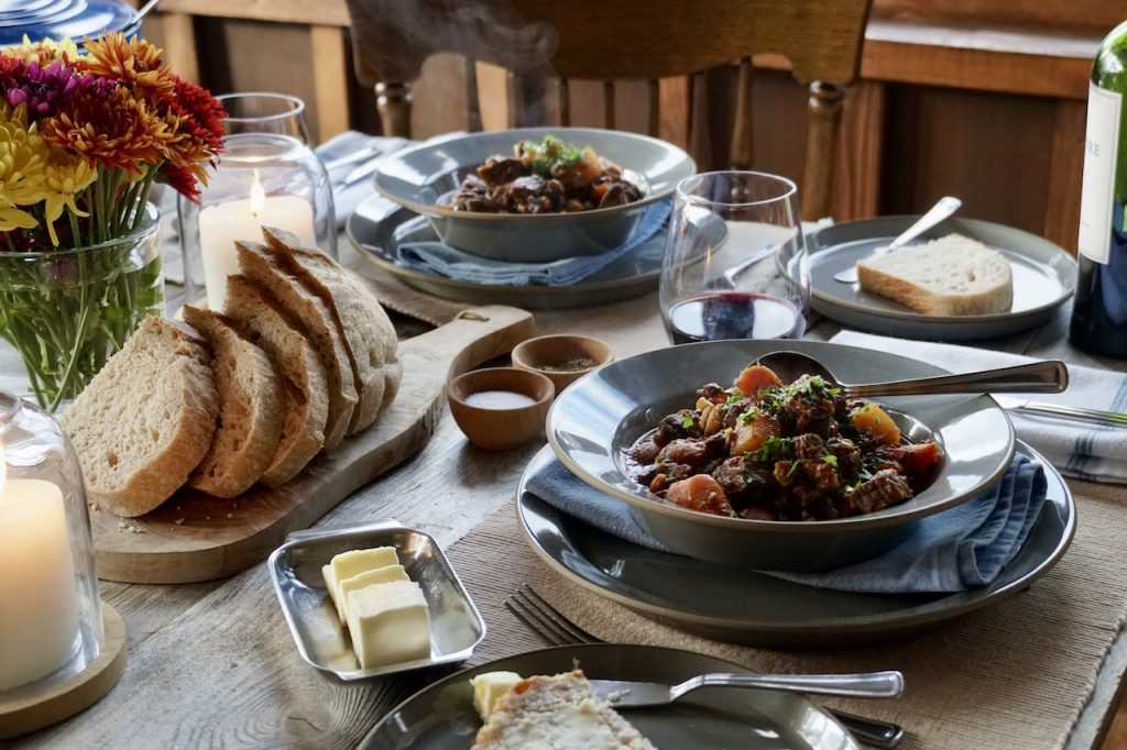 Hearty Beef-Vegetable Stew served with freshly baked sourdough bread