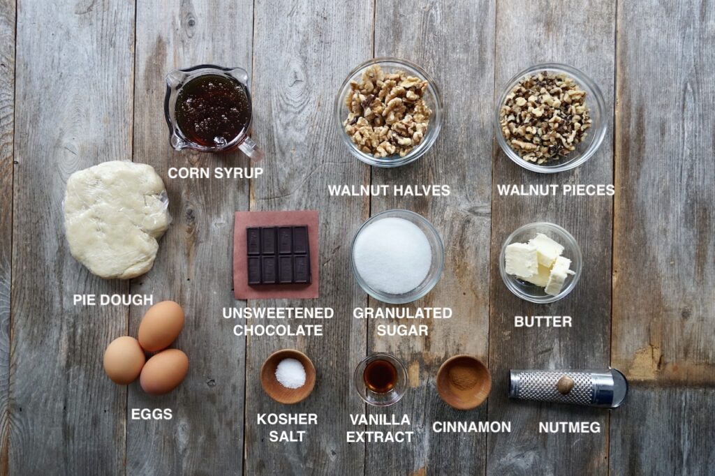 The ingredients needed to make the chocolate walnut pie