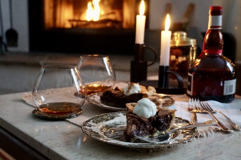 The chocolate walnut pie served in front of the fire