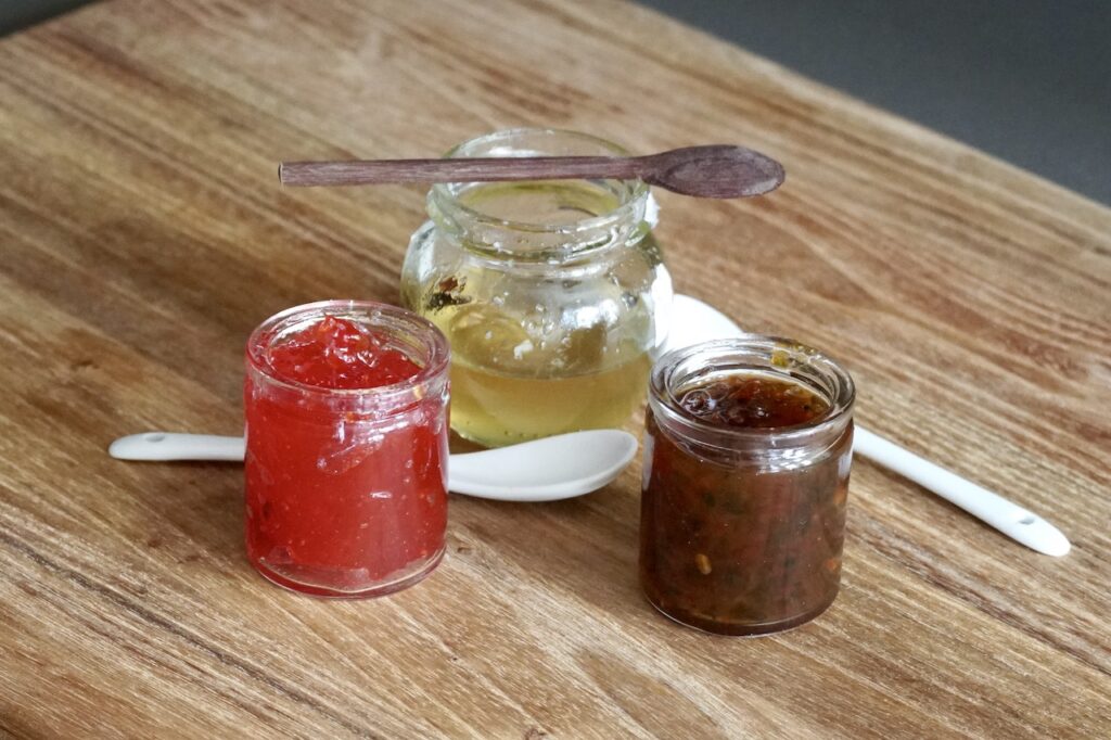 Honey, red pepper jelly and jalapeno relish