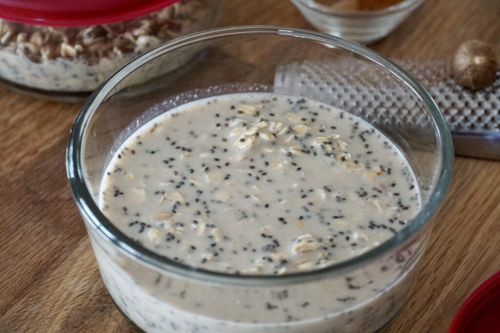 Overnight oats or overnight oatmeal transferred into a storage container overnight.