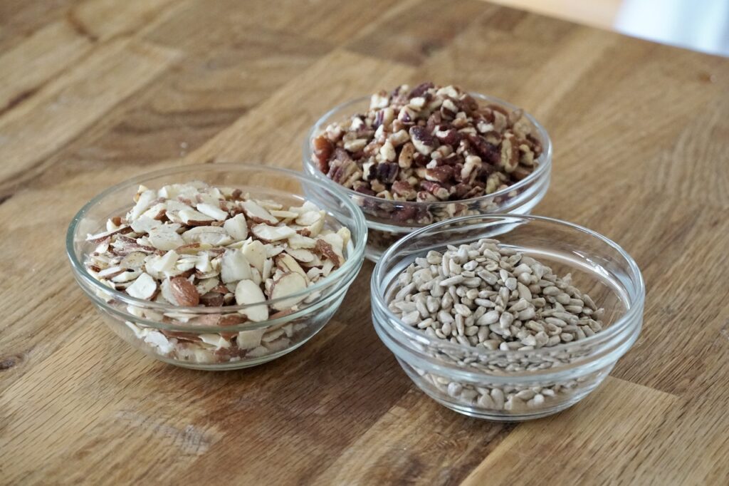 Chopped pecans, sliced almonds and sunflower seeds