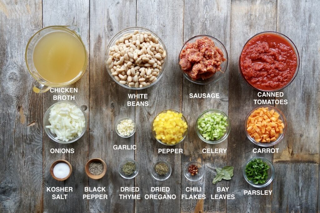 The ingredients for the sausage soup with white beans