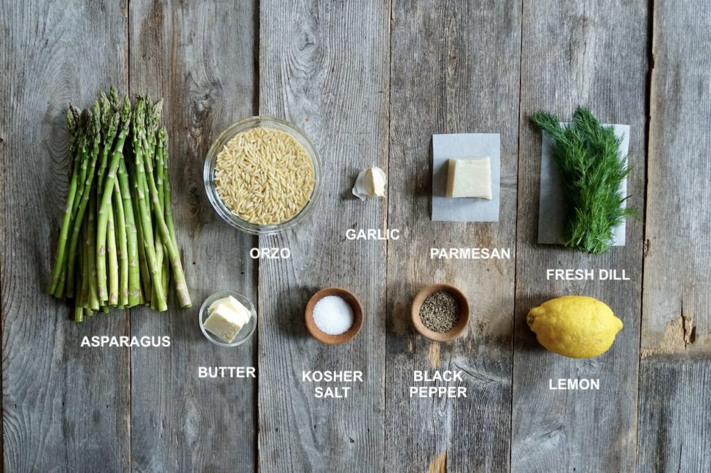 All of the ingredients you'll need to make this orzo with asparagus