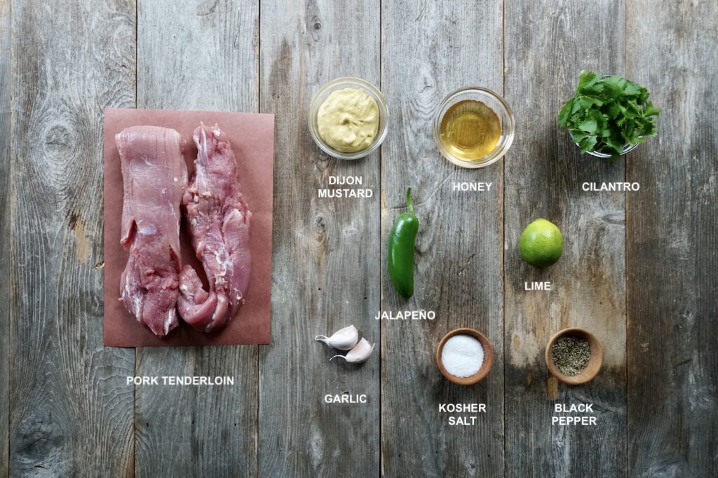 All of the ingredients needed to make grilled pork kebabs