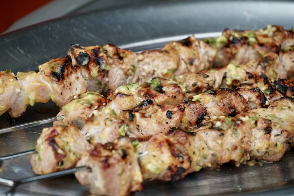 The pork kebabs fresh off the grill