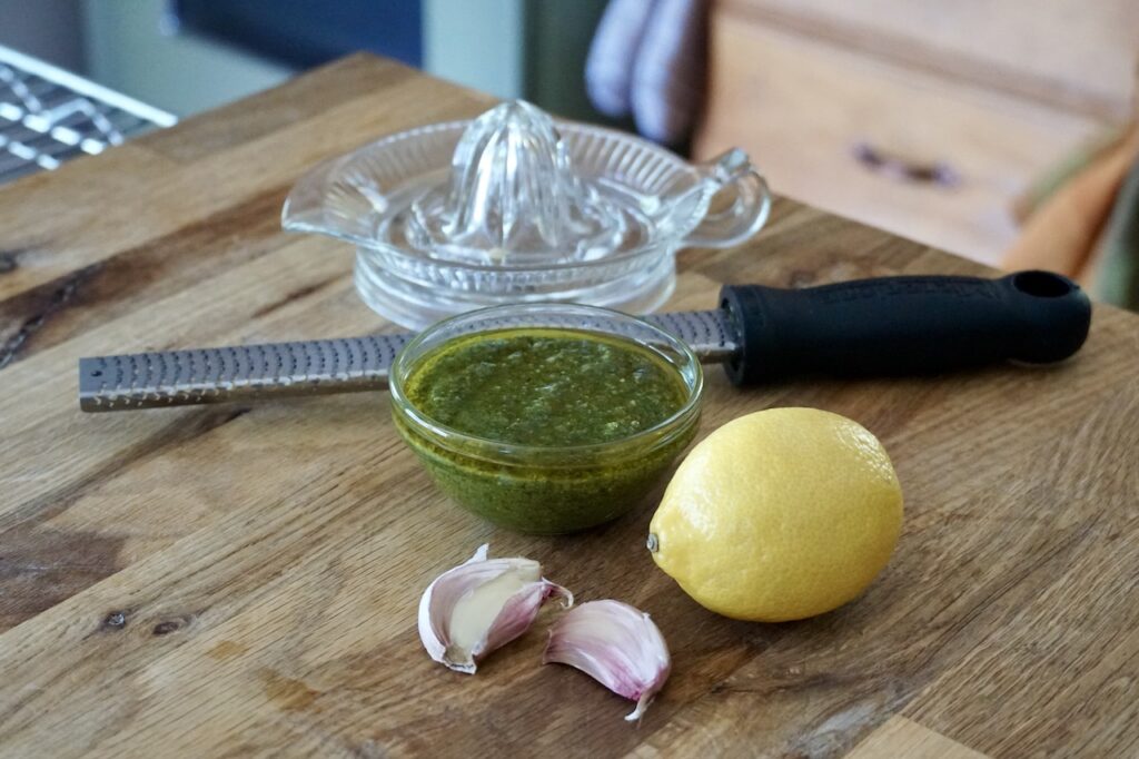The pesto is boosted with garlic, lemon juice and lemon zest