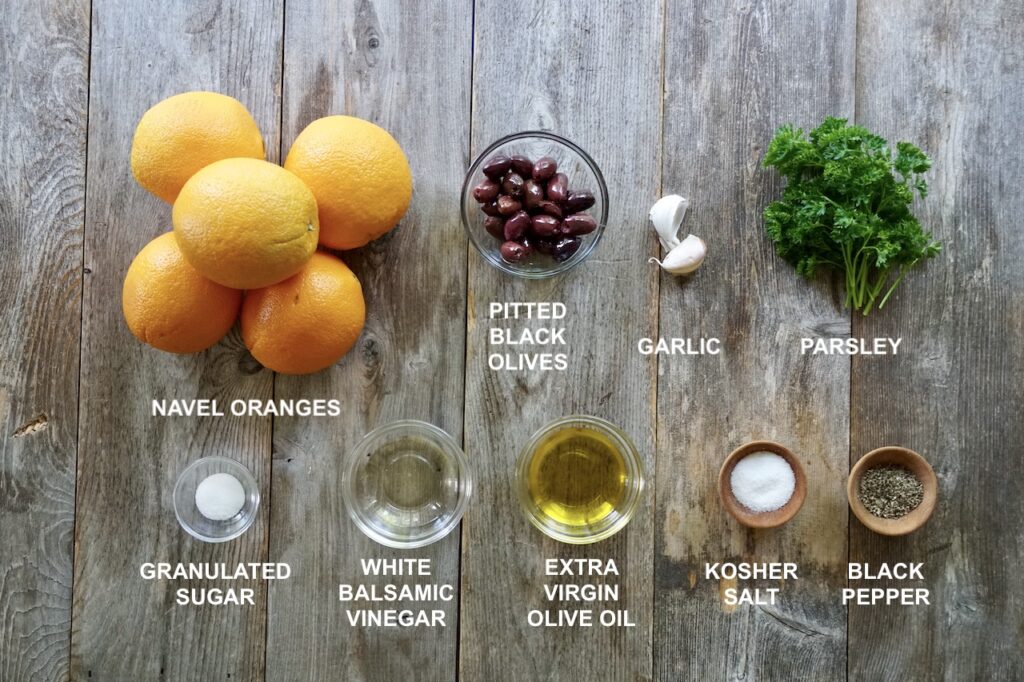 Ingredients for the simple orange and black olive salad