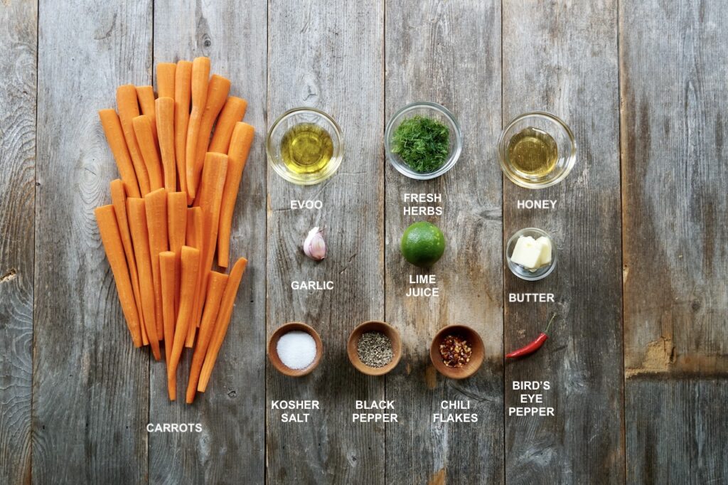 A pic of all the ingredients needed to make the grilled carrots with zesty lime glaze.