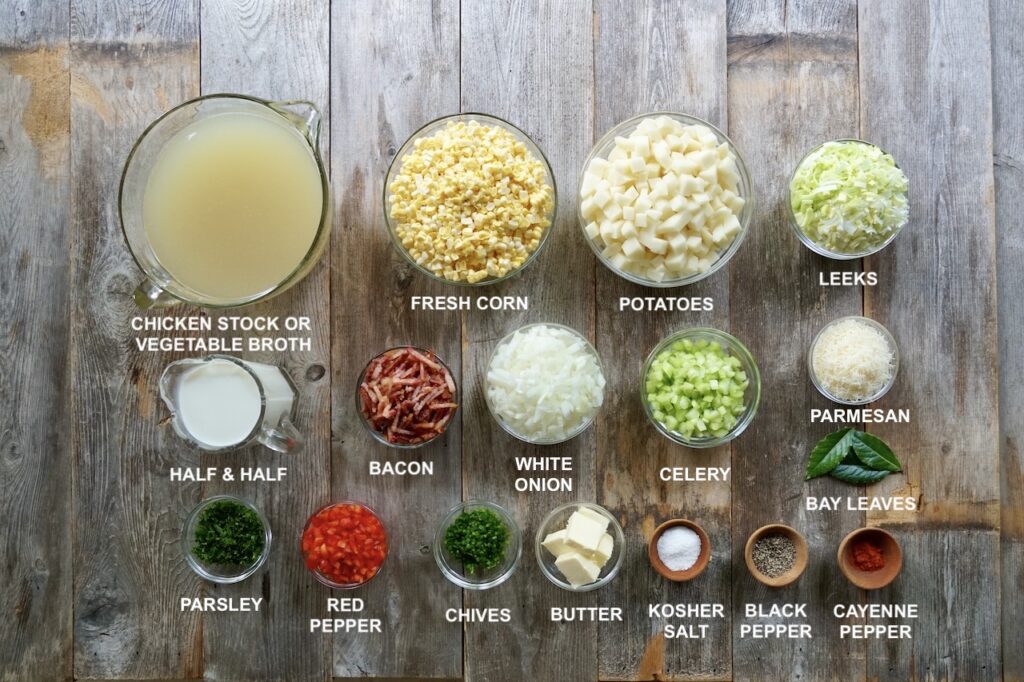 All of the ingredients needed to make a creamy corn chowder recipe
