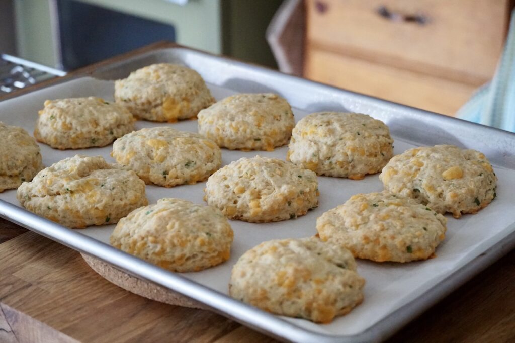 A baking sheet of Cheddar buttermilk biscuits