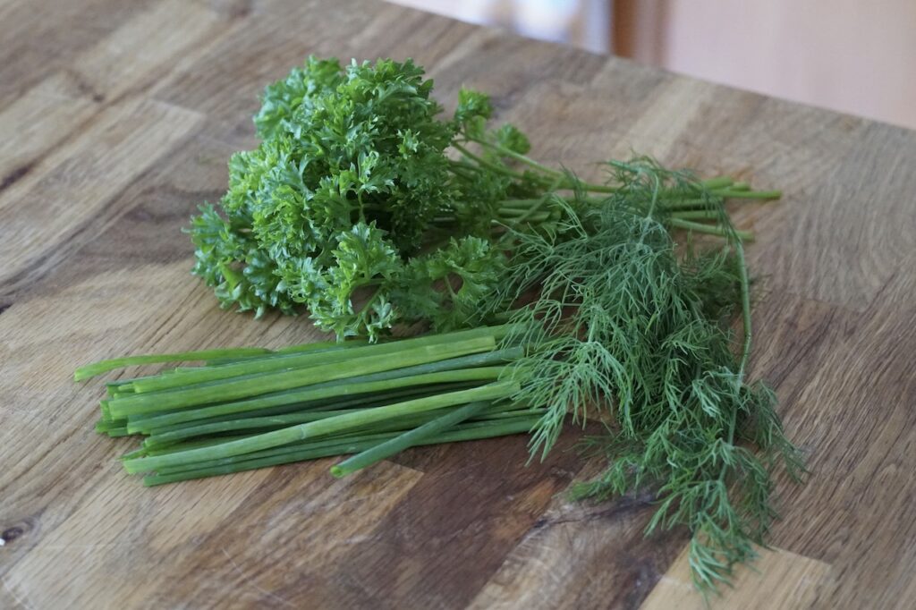 Bunches of fresh parsley, fresh dill and fresh chives